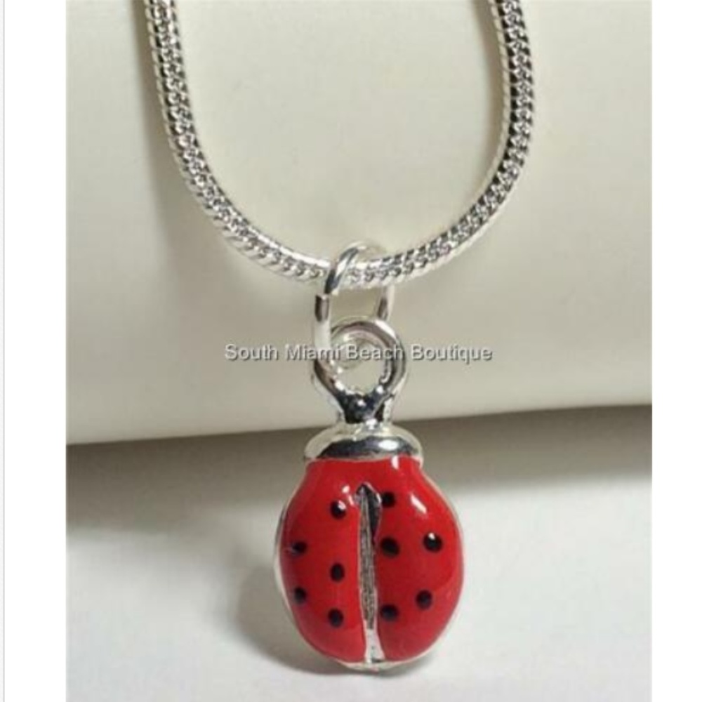 Silver Plated Ladybug Necklace Pendant Red Black Enamel 17" Dainty Charm Bug